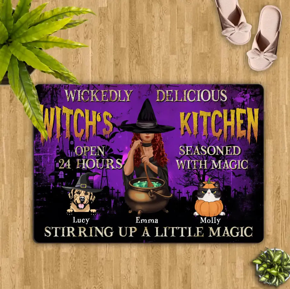 Personalized Witch Doormat - Halloween/Witch/Pagan/Wicca Decor/Pet Lovers Gift With Up to 6 Pets - Wickedly Delicious Witch's Kitchen