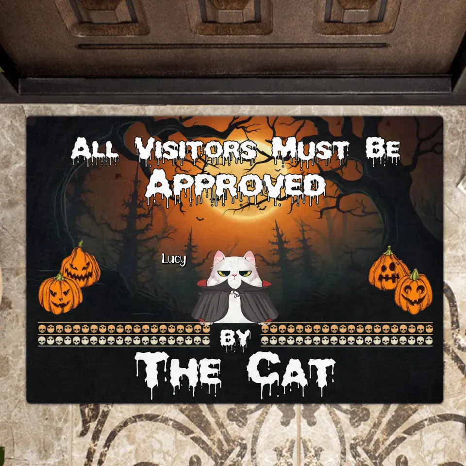 Personalized Halloween Cat Doormat - Up to 6 Cats - Halloween Gift Idea For Cat Lovers - All Visitors Must Be Approved By The Cat