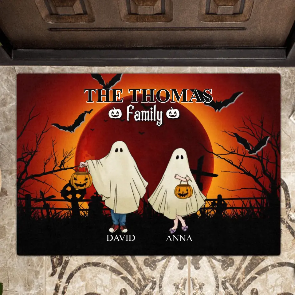 Personalized Halloween Ghost Family Doormat - Halloween Gift For Couple/Family - Up to 5 People With 4 Pets - The Thomas Family