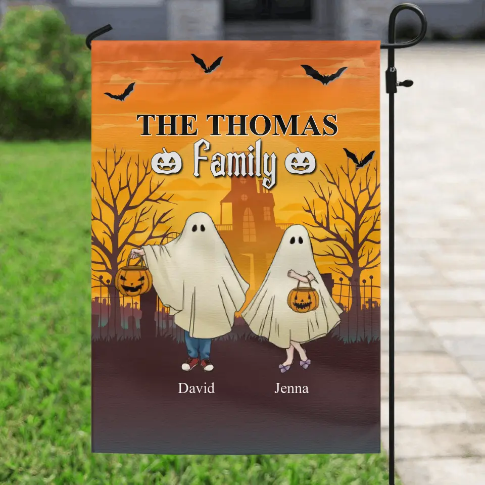 Personalized Halloween Ghost Flag Sign - Halloween Gift For Couple/Family - Up to 5 People With 4 Pets - The Thomas Family