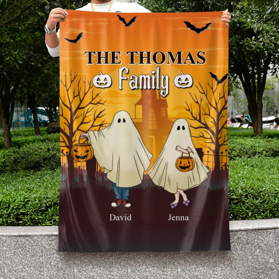 Personalized Halloween Ghost Flag Sign - Halloween Gift For Couple/Family - Up to 5 People With 4 Pets - The Thomas Family