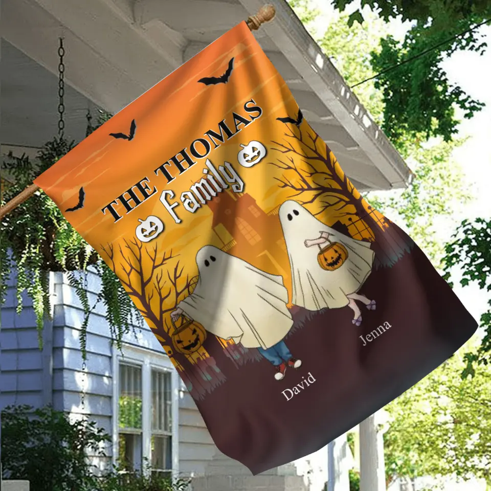 Personalized Halloween Ghost Flag Sign - Halloween Gift For Couple/Family - Up to 5 People With 4 Pets - The Thomas Family