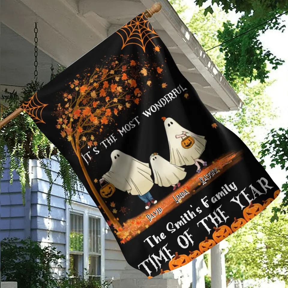 Personalized Halloween Ghost Family Flag Sign - Halloween Gift For Couple/Family - Up to 6 People With 3 Pets - It's The Most Wonderful Time Of The Year
