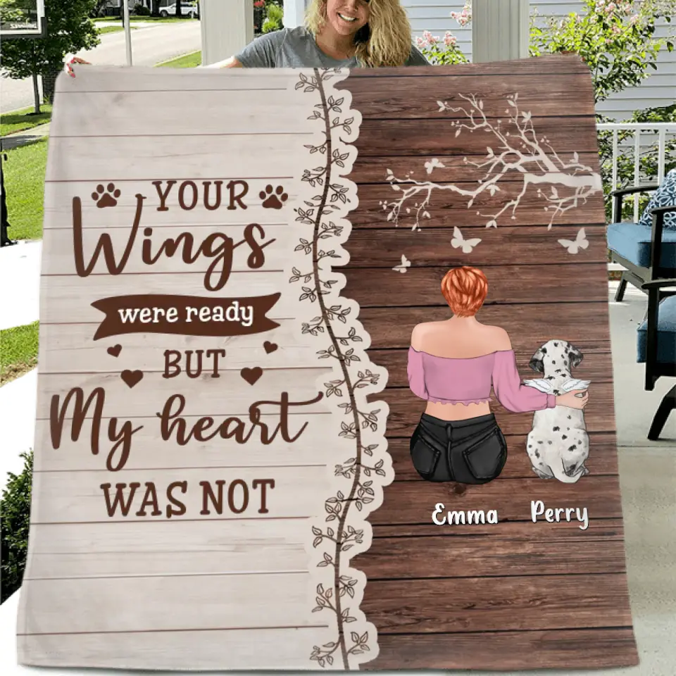 Personalized Memorial Pet Pillow Cover/Quilt/Fleece Throw Blanket - Up to 3 Dogs/Cats - Memorial Gift Idea for Dog/Cat Owners - Your Wings Were Ready But My Heart Was Not