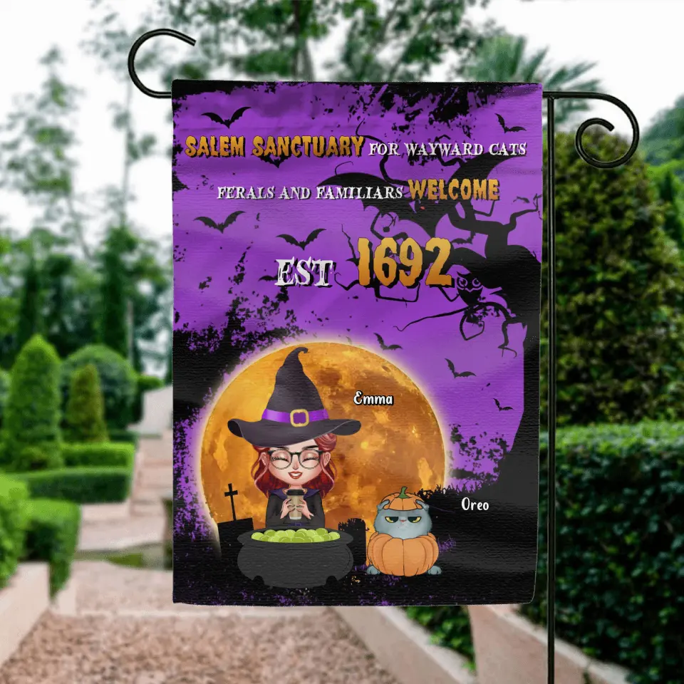 Personalized Wicked Witch Flag Sign - Halloween Gift For Couple/Dog/Cat Lovers - Adult/Couple With Up to 4 Pets - Salem Sanctuary For Wayward Cats Ferals And Familiars Welcome Est 1692