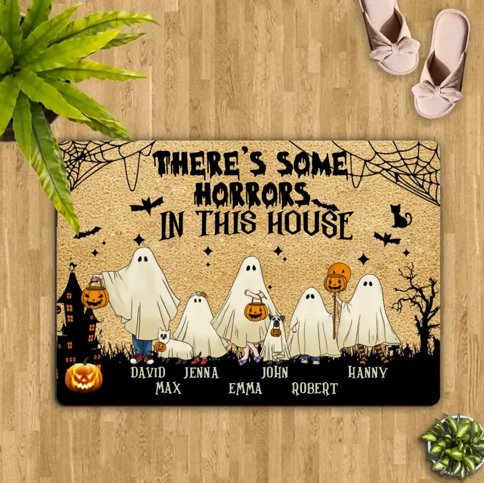 Personalized Halloween Ghost Family Doormat - Halloween Gift For Couple/Family - Up to 5 People With 4 Pets - There's Some Horrors In This House