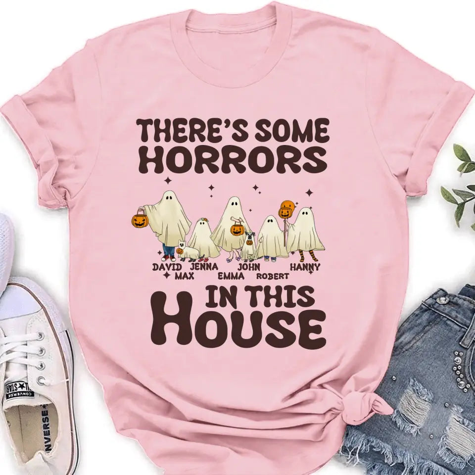 Personalized Halloween Ghost Family Shirt/Hoodie - Halloween Gift For Couple/Family - Up to 5 People With 4 Pets - There's Some Horrors In This House