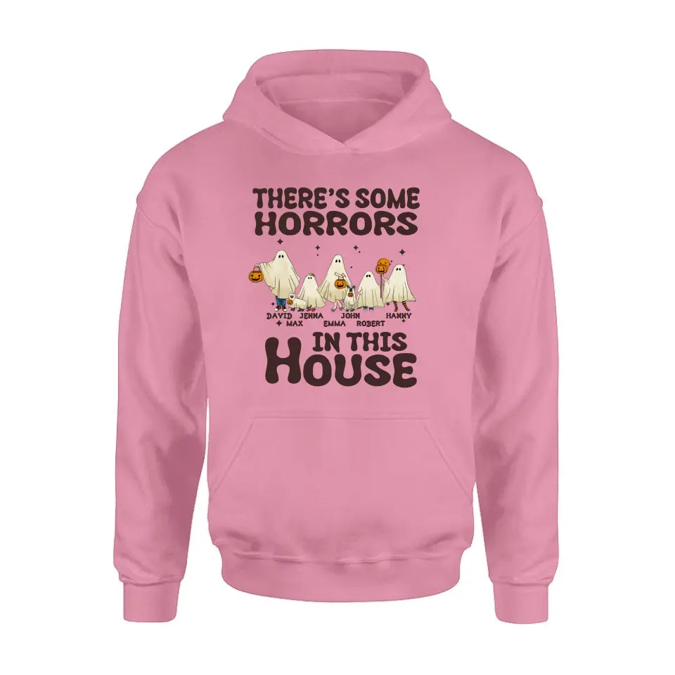 Personalized Halloween Ghost Family Shirt/Hoodie - Halloween Gift For Couple/Family - Up to 5 People With 4 Pets - There's Some Horrors In This House