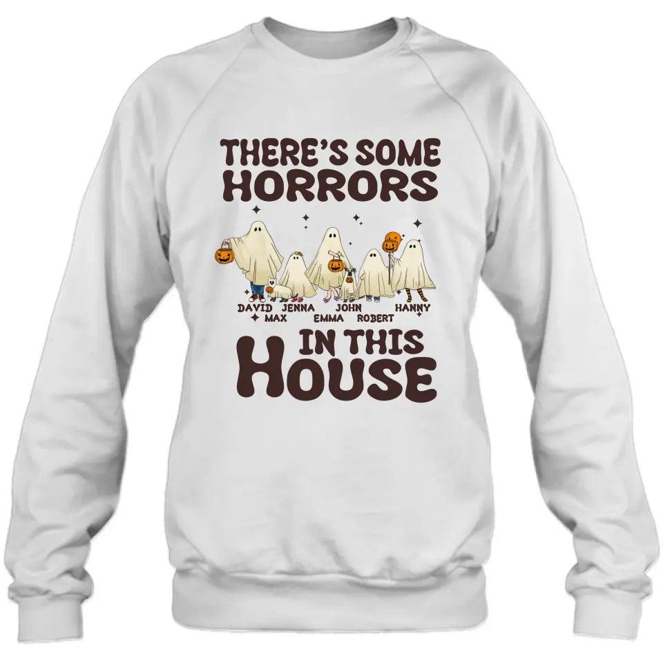 Personalized Halloween Ghost Family Shirt/Hoodie - Halloween Gift For Couple/Family - Up to 5 People With 4 Pets - There's Some Horrors In This House