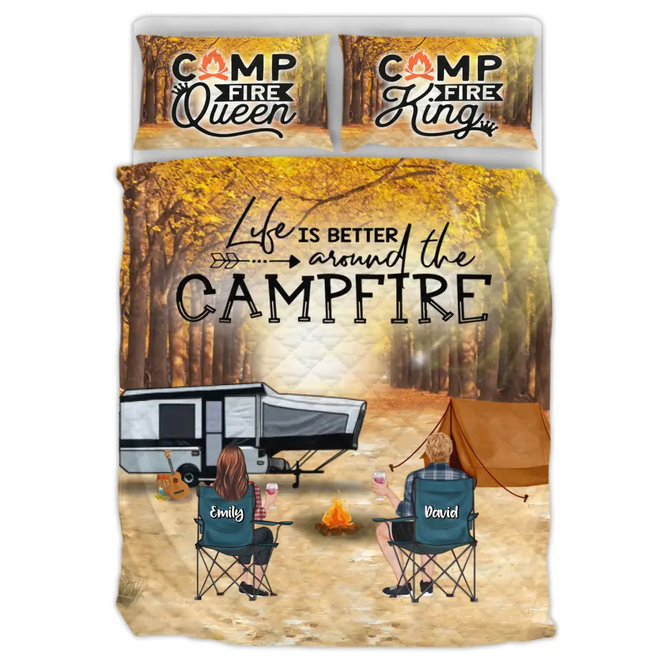 Personalized Autumn Camping Quilt Bed Sets - Couple/Parents With Up to 3 Kids And 4 Pets - Gift For Camping Lovers - Life Is Better Around The Campfire
