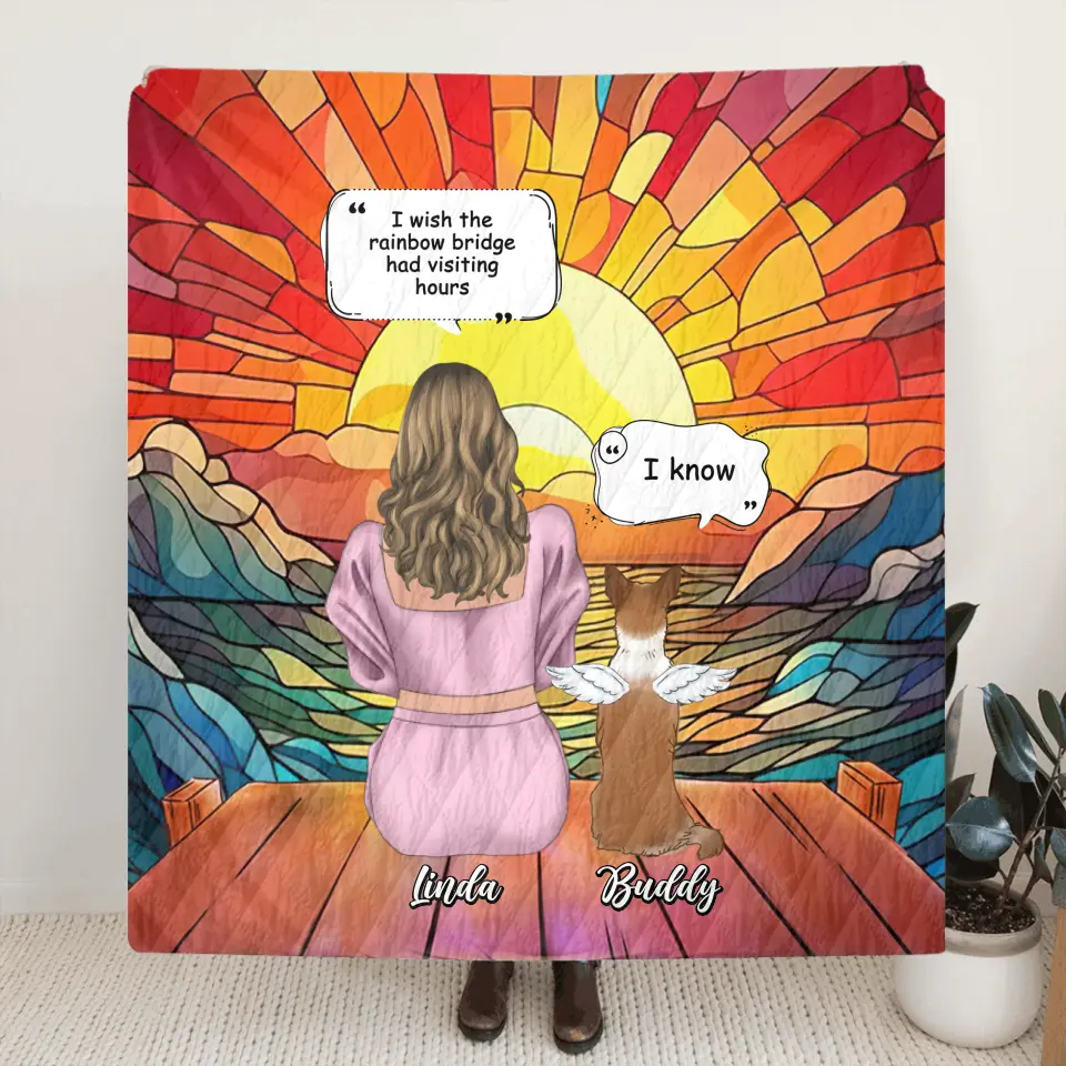 Personalized Memorial Dog Mom Quilt/Fleece Throw Blanket - Up to 4 Dogs - Memorial Gift Idea For Dog Owners - I Wish The Rainbow Bridge Had Visiting Hours
