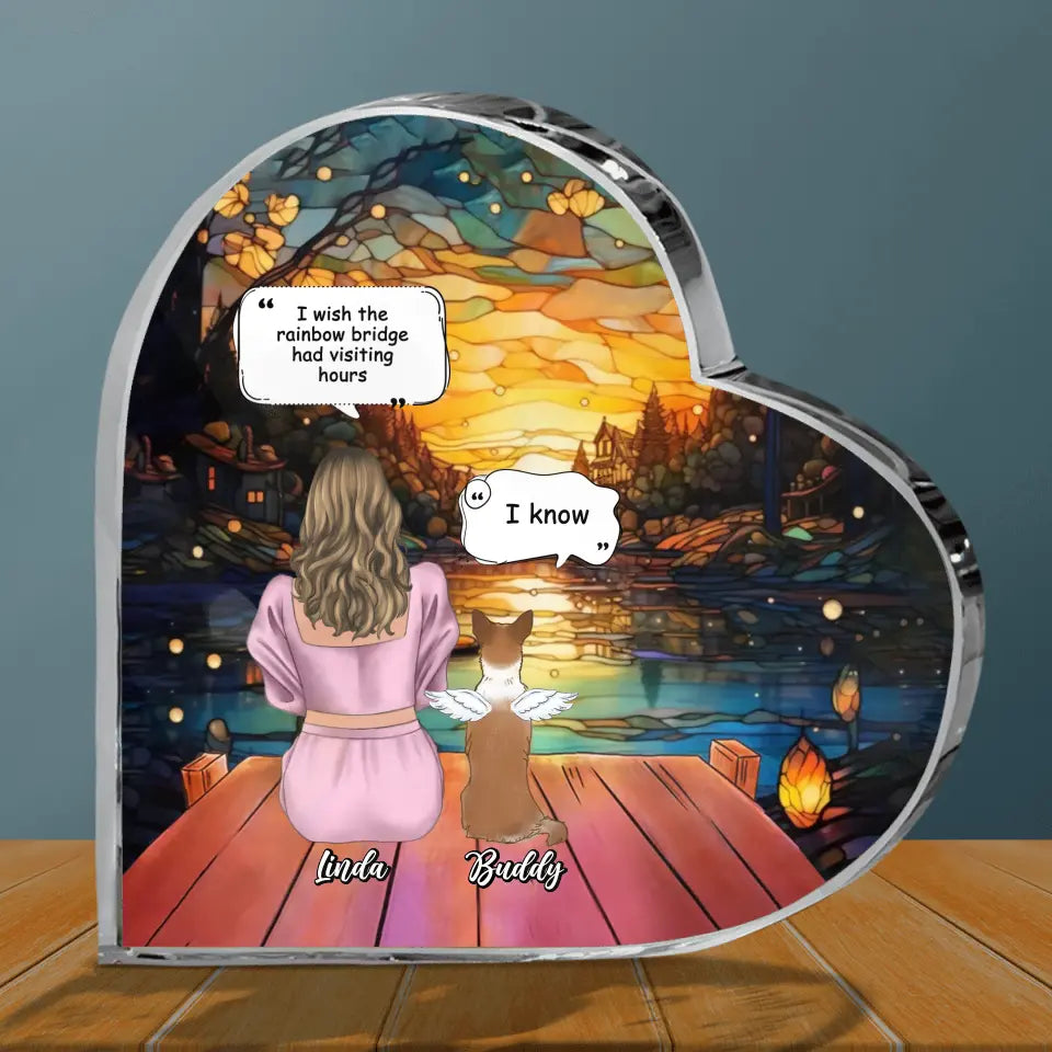 Personalized Memorial Dog Mom Crystal Heart - Up to 4 Dogs - Memorial Gift Idea For Dog Owners - I Wish The Rainbow Bridge Had Visiting Hours