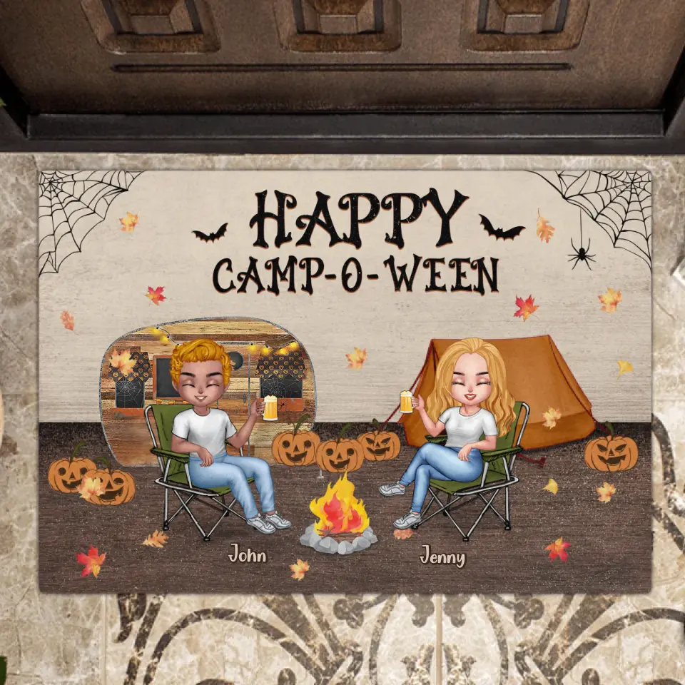 Personalize Halloween Camping Friends Doormat - Halloween Gift Idea For Camping Lovers - Autumn Gift - Up to 7 People - Happy Camp-O-Ween