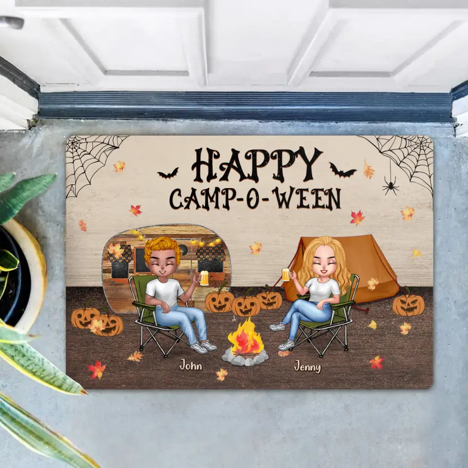 Personalize Halloween Camping Friends Doormat - Halloween Gift Idea For Camping Lovers - Autumn Gift - Up to 7 People - Happy Camp-O-Ween