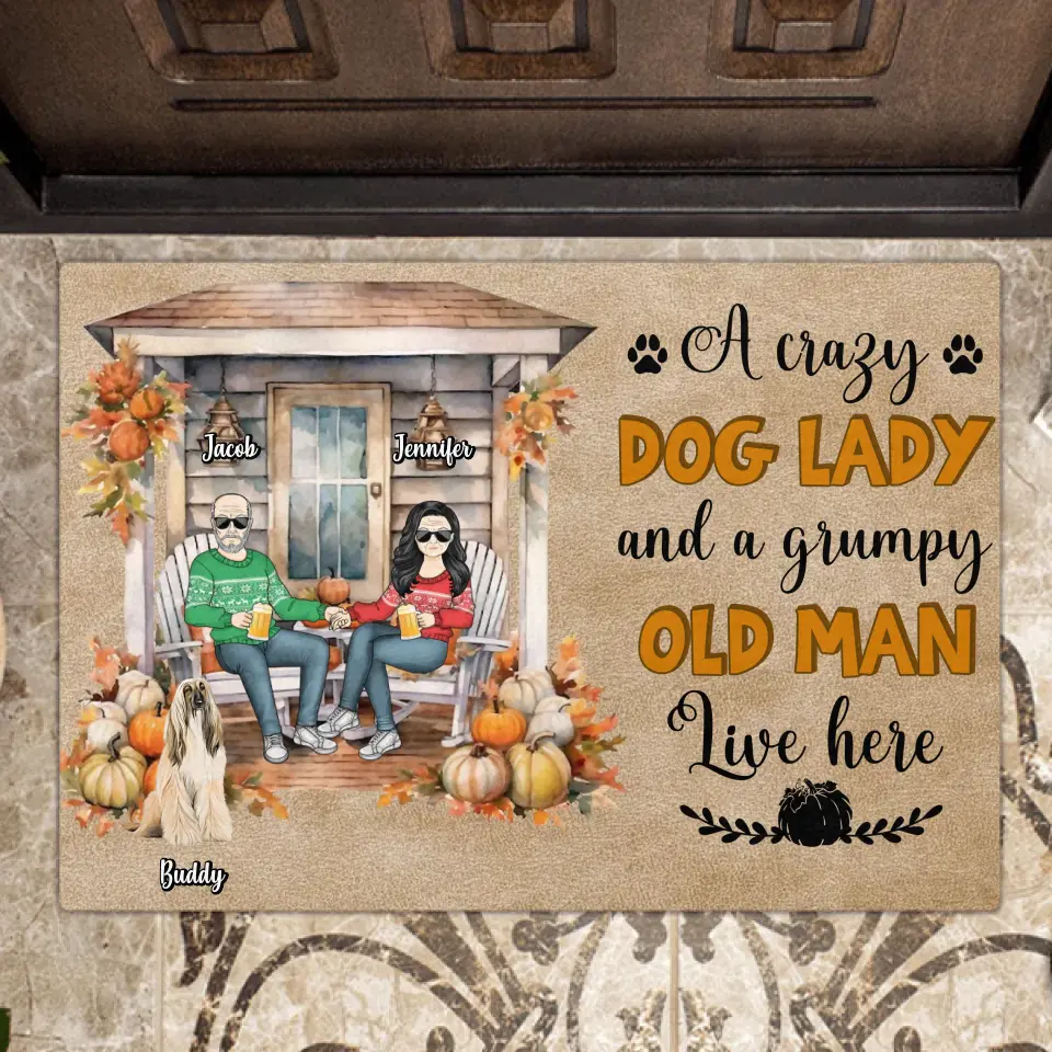 Personalized Autumn Couple Doormat - Up to 6 Dogs - Autumn/Halloween Gift Idea for Couple/Dog Owners - A Crazy Dog Lady And A Grumpy Old Man Live Here