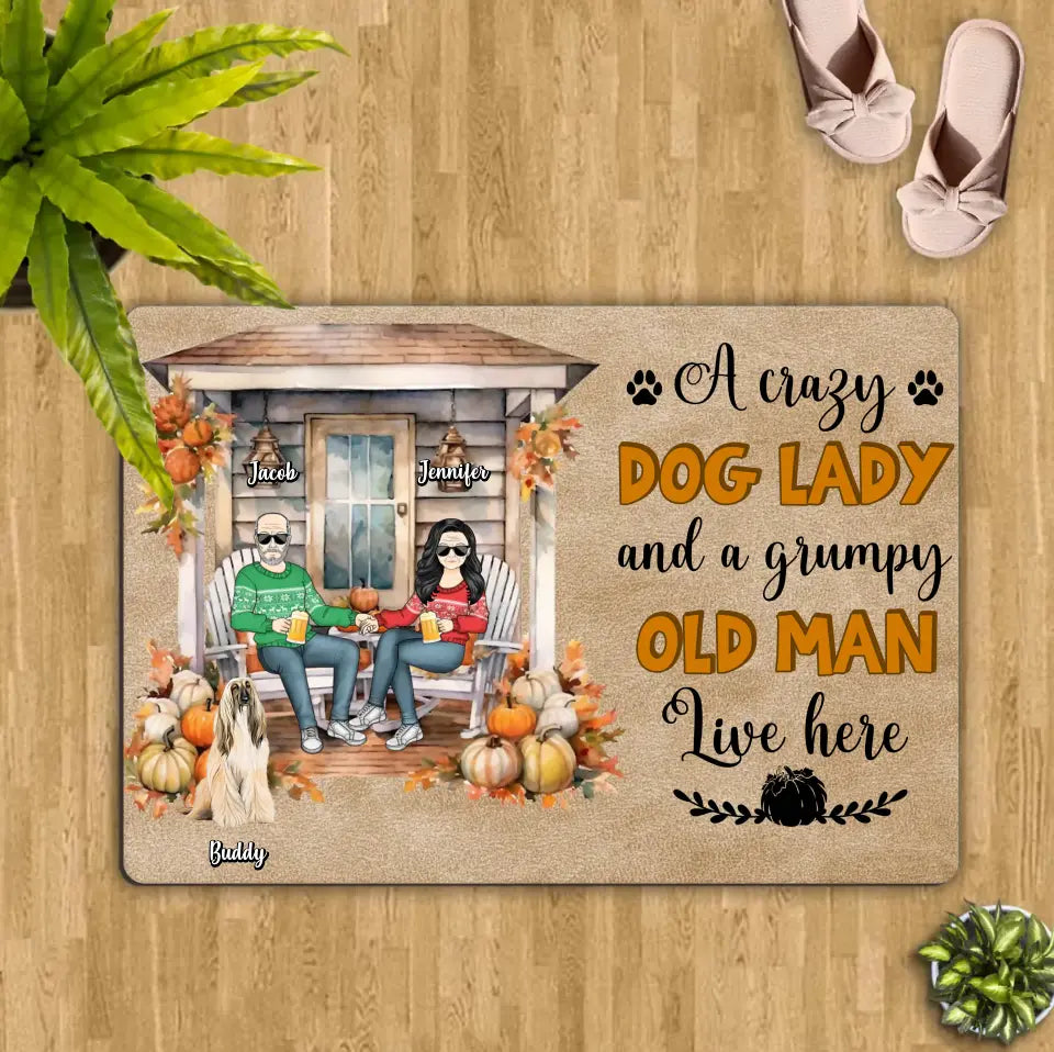 Personalized Autumn Couple Doormat - Up to 6 Dogs - Autumn/Halloween Gift Idea for Couple/Dog Owners - A Crazy Dog Lady And A Grumpy Old Man Live Here
