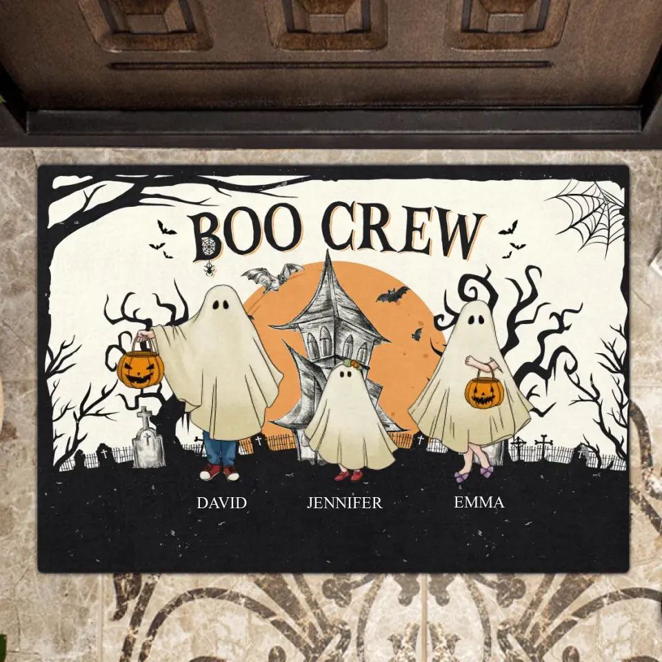 Personalized Family Doormat - Up to 6 People & 3 Pets - Halloween Gift Idea for Family - Boo Crew