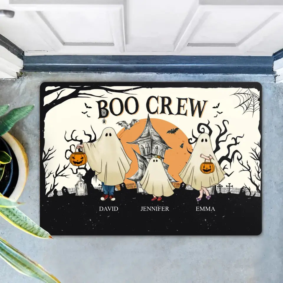 Personalized Family Doormat - Up to 6 People & 3 Pets - Halloween Gift Idea for Family - Boo Crew