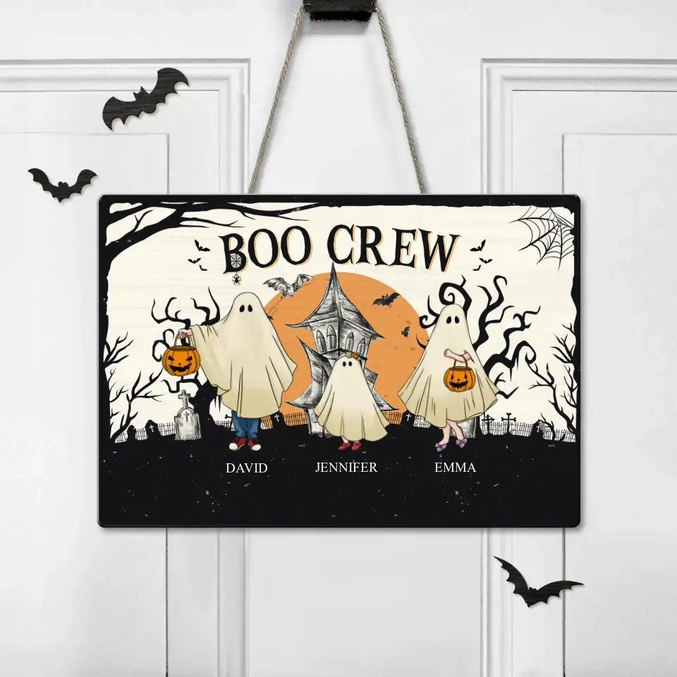 Personalized Family Wooden Sign - Up to 6 People & 3 Pets - Halloween Gift Idea for Family - Boo Crew