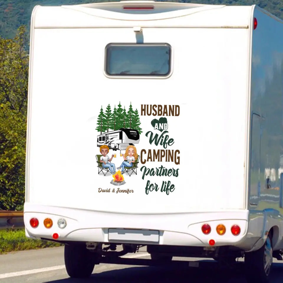 Personalized Husband And Wife Camping 3D Decal - Gift Idea For Couple/Camping Lovers/RVs Owners - Let's Sit By The Campfire And Watch People Park Their Campers