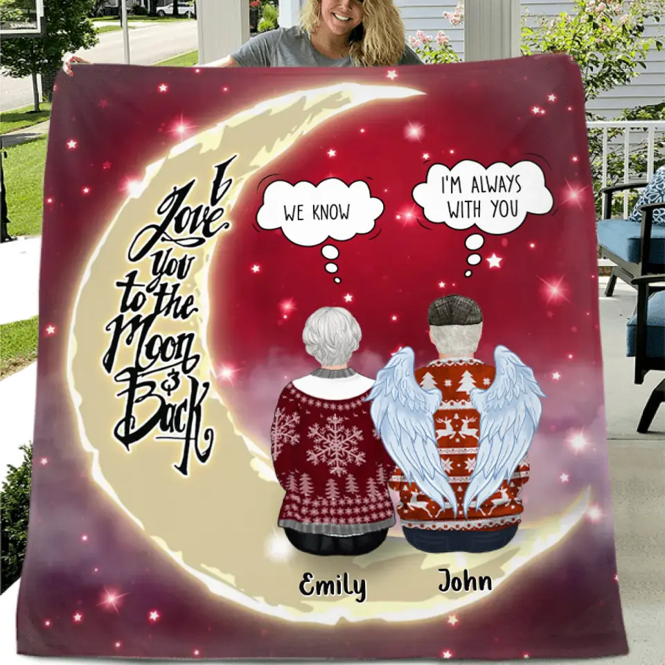 Personalized Memorial Pillow Cover/Quilt/Fleece Throw Blanket - Parents with up to 2 Children - Memorial Gift for Christmas - I Love You To The Moon & Back