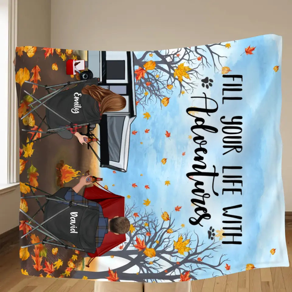 Personalized Autumn Camping Quilt/Fleece Throw Blanket - Couple/Parents With Up to 3 Kids And 3 Pets - Gift For Camping Lovers - Fill Your Life With Adventures