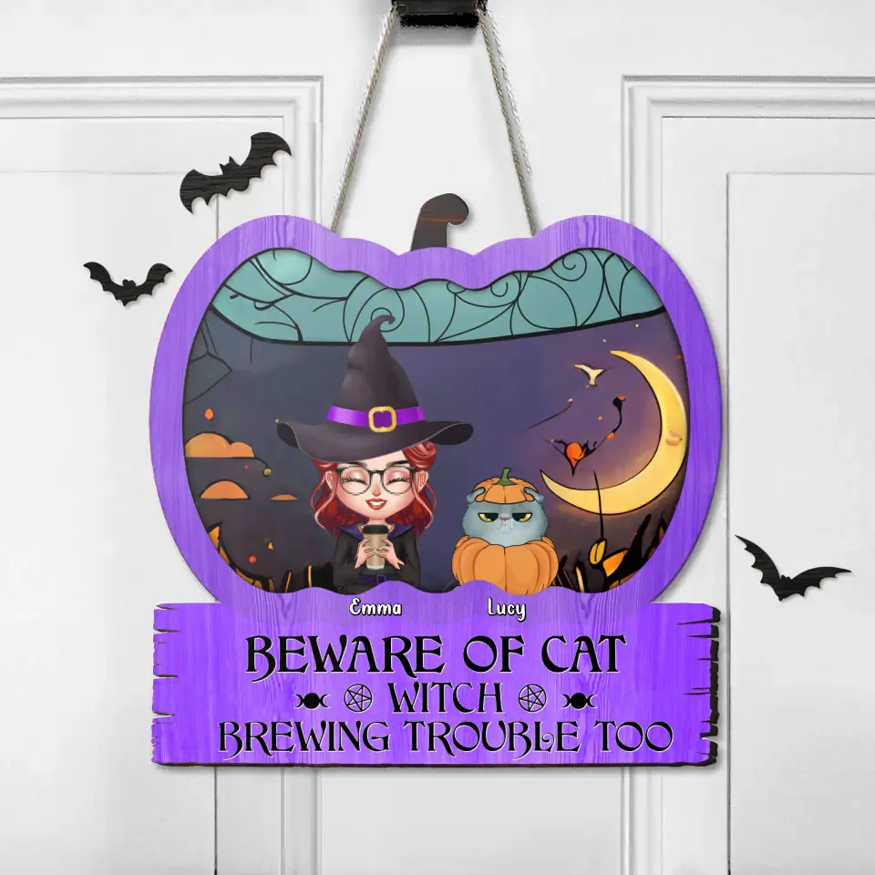 Personalized Witch Wooden Sign - Single/Couple with Up to 4 Cats/Dogs - Gift Idea For Halloween/Pet Lovers - Beware Of Cat Witch Brewing Trouble Too