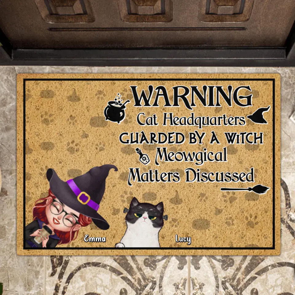 Personalized Witch Doormat - Halloween Gift For Dog/Cat Lovers - Adult/Couple With Up to 4 Pets - Warning Cat Headquarters Guarded By A Witch Meowgical Matters Discussed