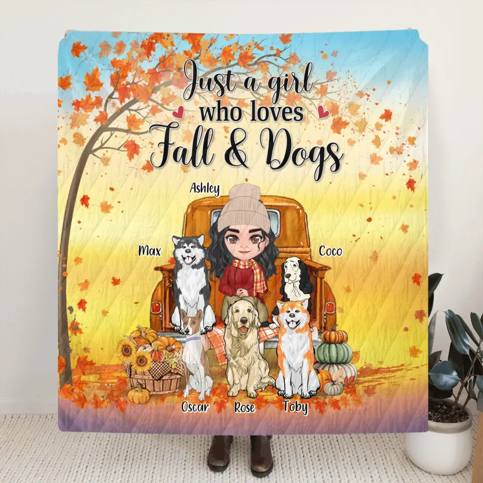 Personalized Dog Mom Fall Season Quilt/Fleece Throw Blanket - Gift Idea For Dog Lovers - Up To 5 Dogs - Just A Girl Who Loves Fall & Dogs