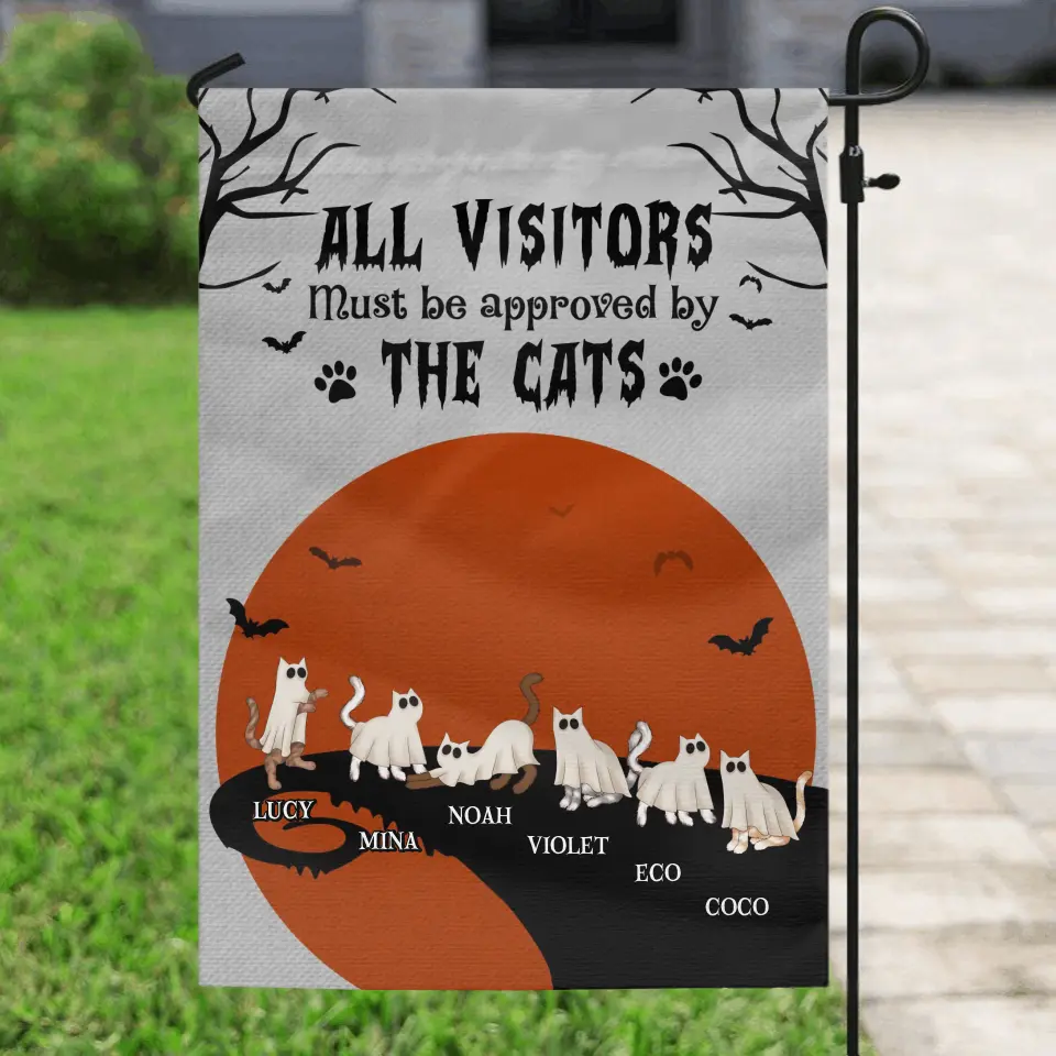 Personalized Halloween Cat Flag Sign - Gift Idea For Cat Lovers - Up to 6 Cats - All Visitors Must Be Approved By The Cats