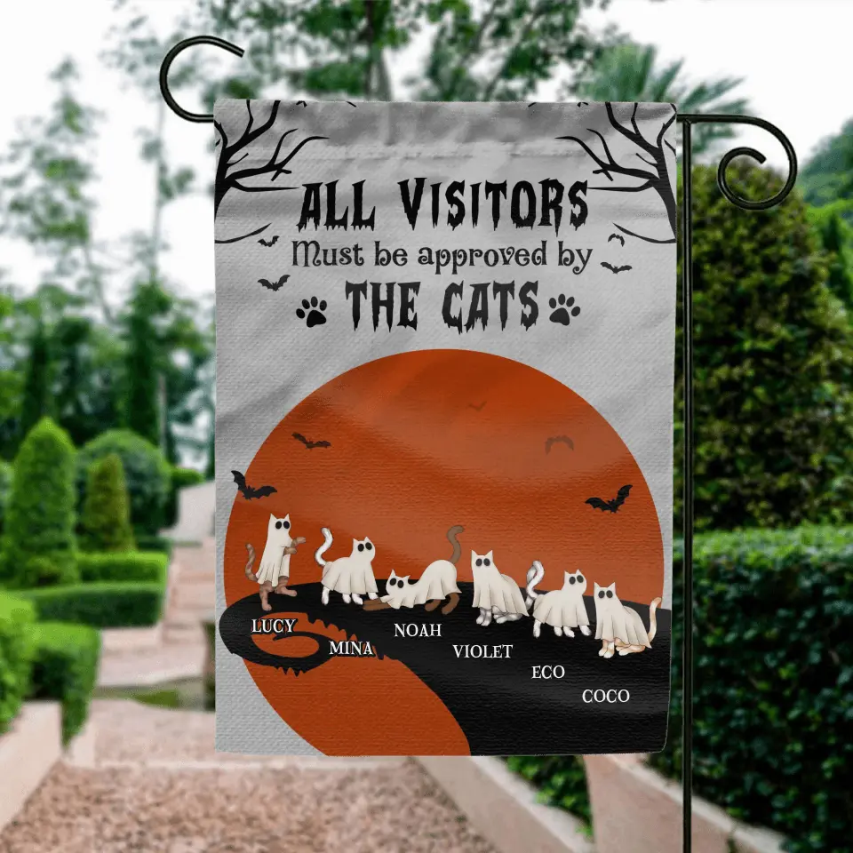 Personalized Halloween Cat Flag Sign - Gift Idea For Cat Lovers - Up to 6 Cats - All Visitors Must Be Approved By The Cats