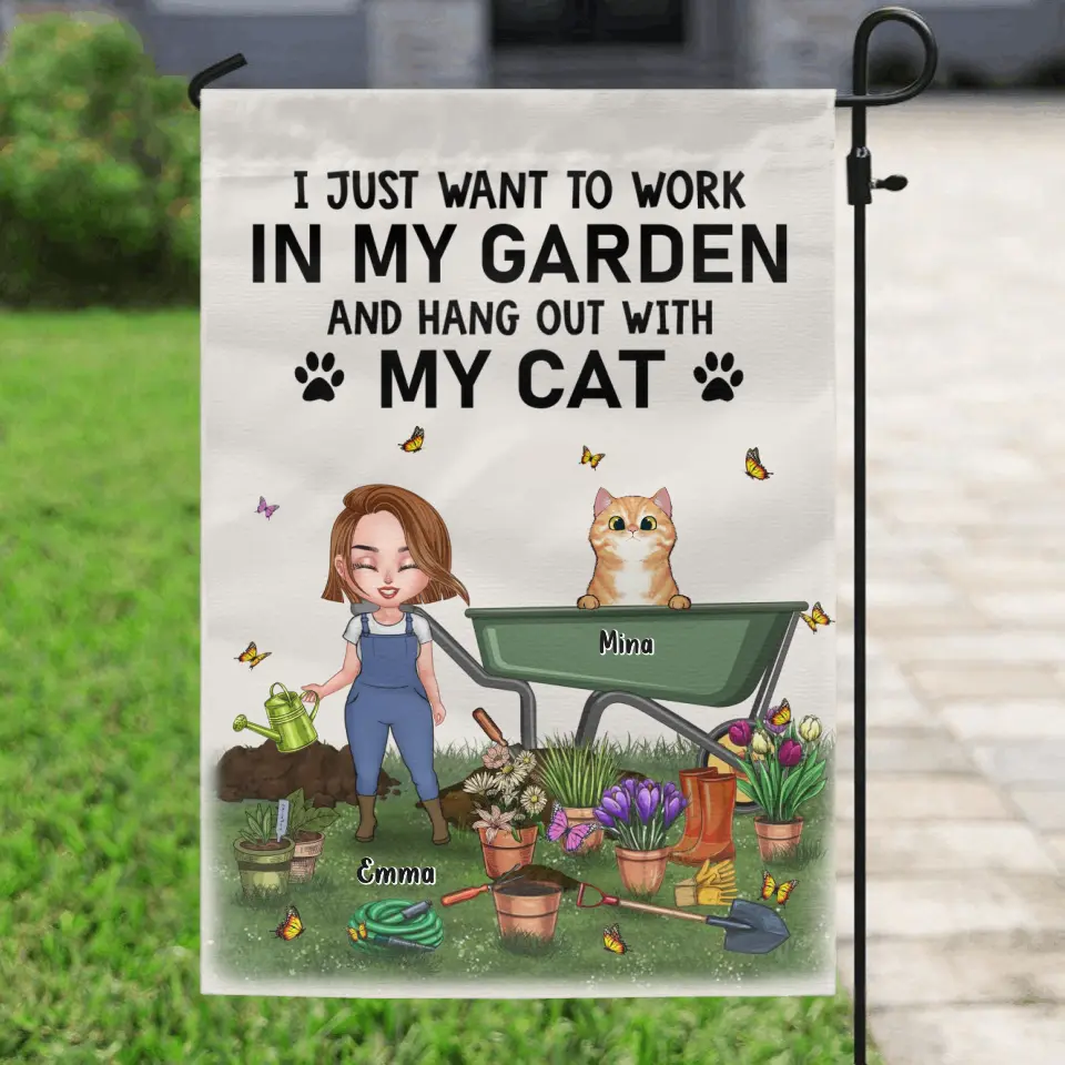 Personalized Work in Garden Flag Sign - Gift For Cat Lovers with up to 5 Cats - I Just Want To Work In Garden and Hang Out With My Cats