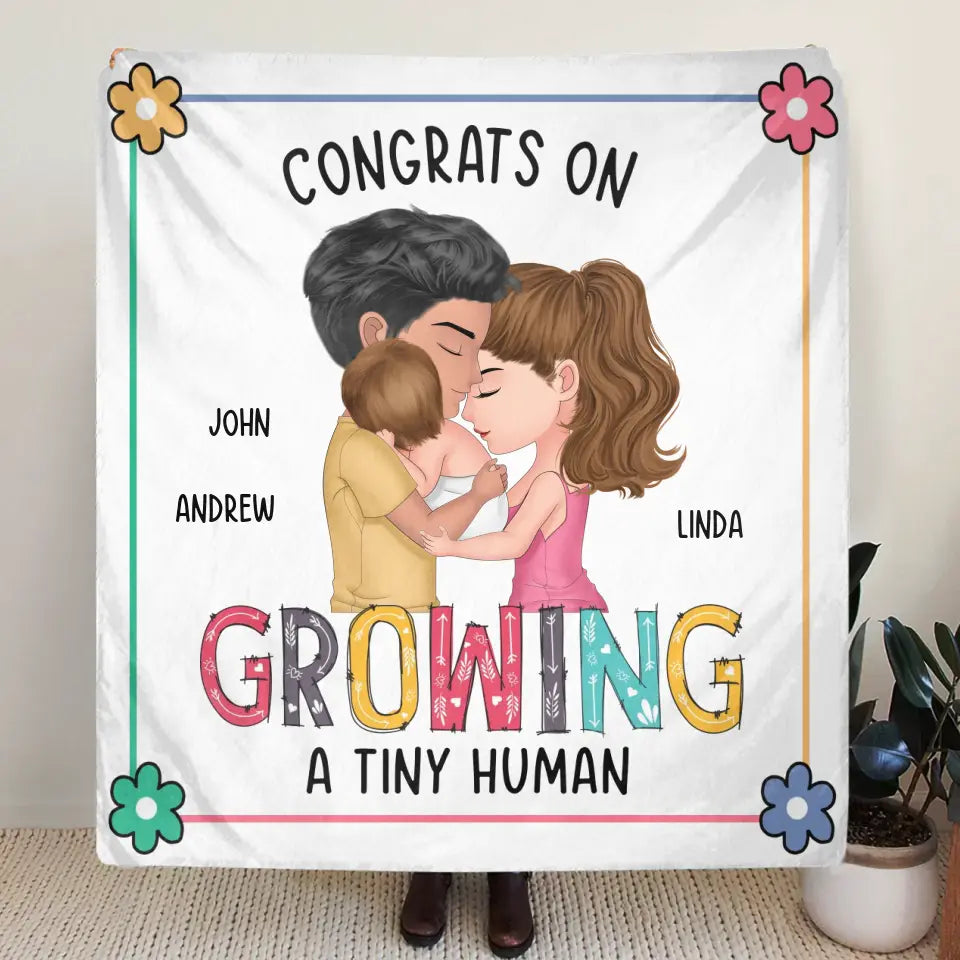 Personalized Family Pillow Cover/Fleece Throw Blanket/Quilt - Gift Idea For Parents & Baby - Congrats On Growing A Tiny Human