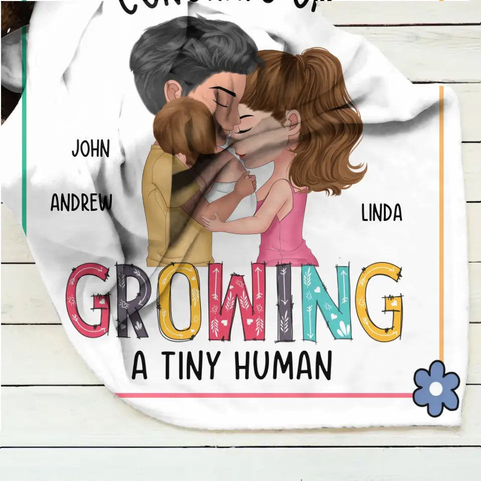 Personalized Family Pillow Cover/Fleece Throw Blanket/Quilt - Gift Idea For Parents & Baby - Congrats On Growing A Tiny Human