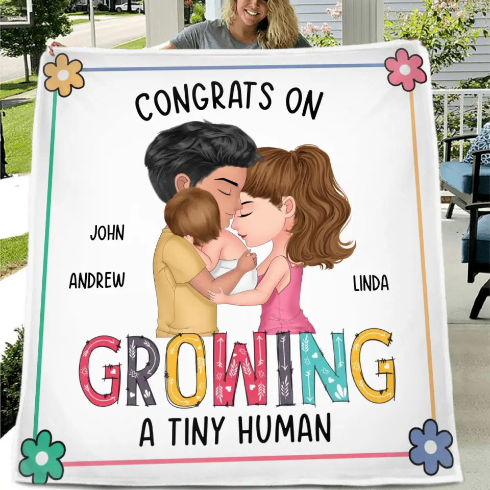 Personalized Family Pillow Cover/Fleece Throw Blanket/Quilt - Gift Idea For Parents & Baby - Congrats On Growing A Tiny Human