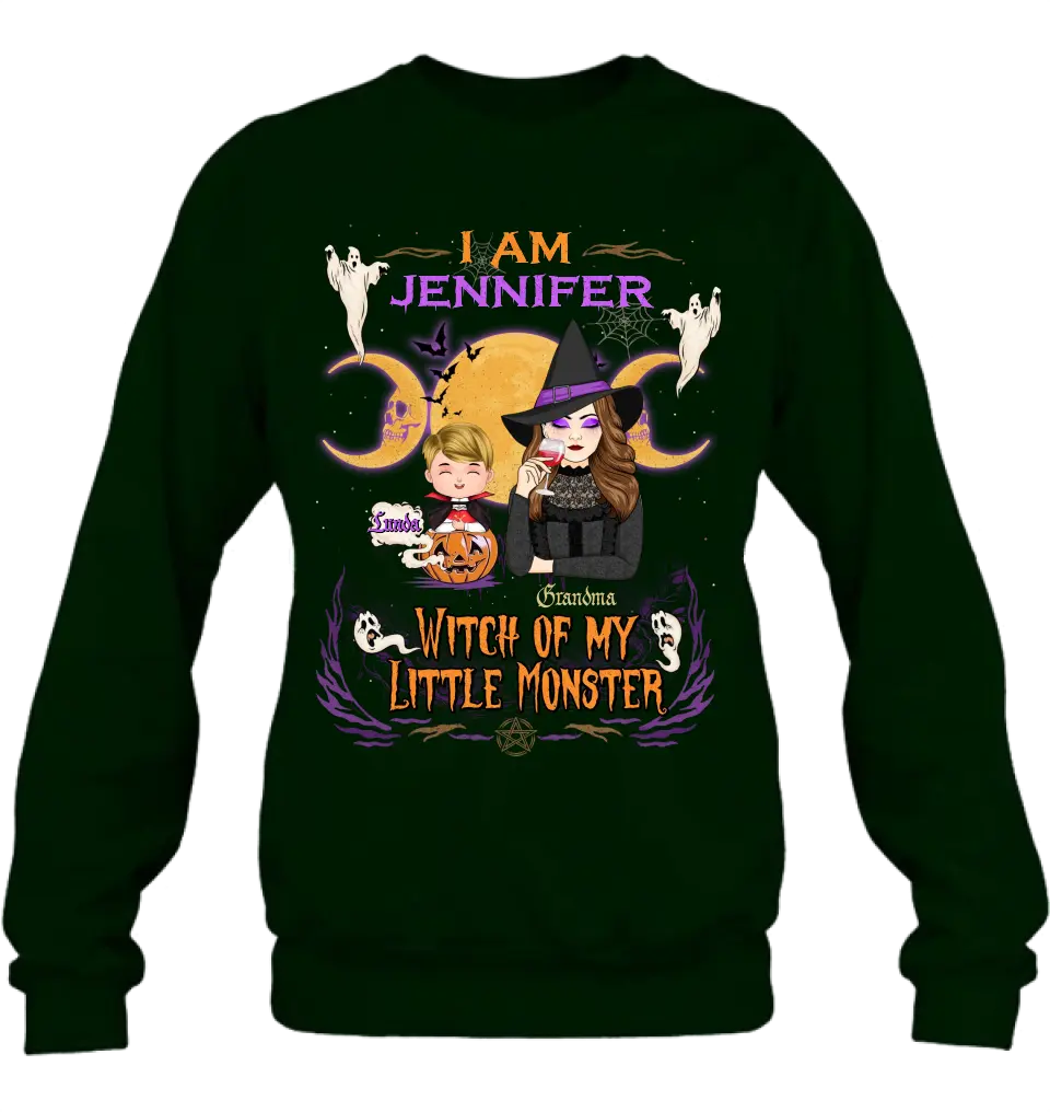 Personalized Grandma & Grandkid Witch Shirt/Hoodie - Halloween Gift For Grandkid - Up to 4 Kids - I Am Witch Of My Little Monsters