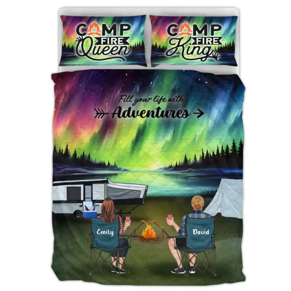 Personalized Northern Light Camping Quilt Bed Sets - Gift Idea For Couple, Camping Lovers, Family - Up to 5 Kids, 4 Pets - Fill Your Life With Adventures