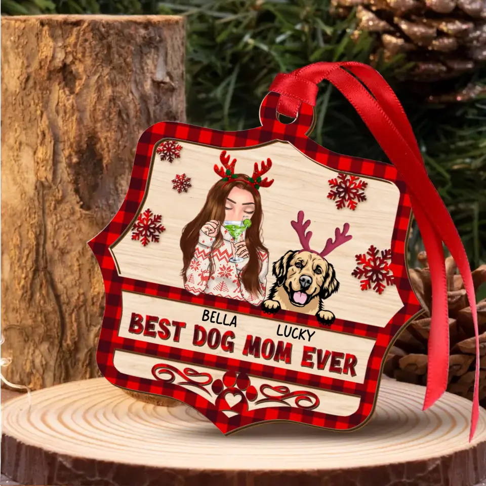Personalized Dog Mom Wooden Ornament - Up to 4 Dogs - Christmas Gift Idea for Dog Lovers - Best Dog Mom Ever