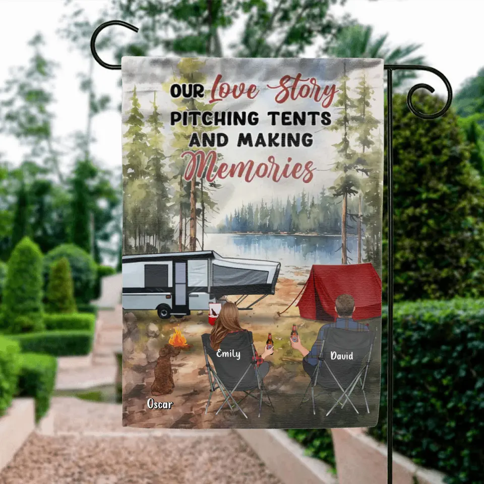 Personalized Camping Flag Sign - Best Gift For Camping Lovers - Up to 4 Pets - Our Love Story Pitching Tents And Making Memories