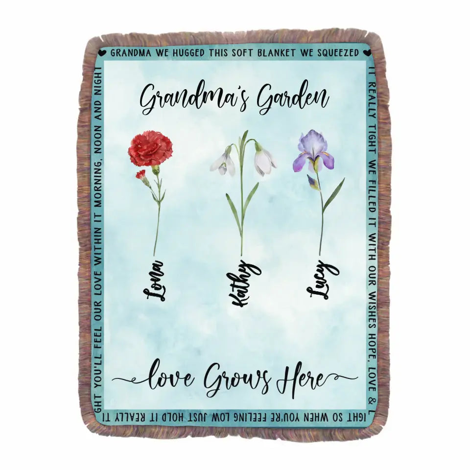Personalized Grandma Garden Fringe Blanket - Gift Idea For Grandma - Up to 12 Flowers - Grandma's Garden