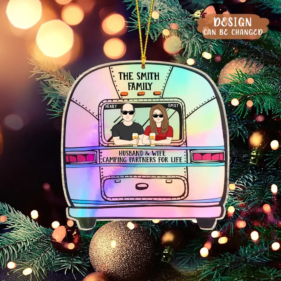 Personalized Airstream Camping Family Wooden Ornament - Gift Idea For Couple/Camping Lovers - Husband & Wife Camping Partners For Life
