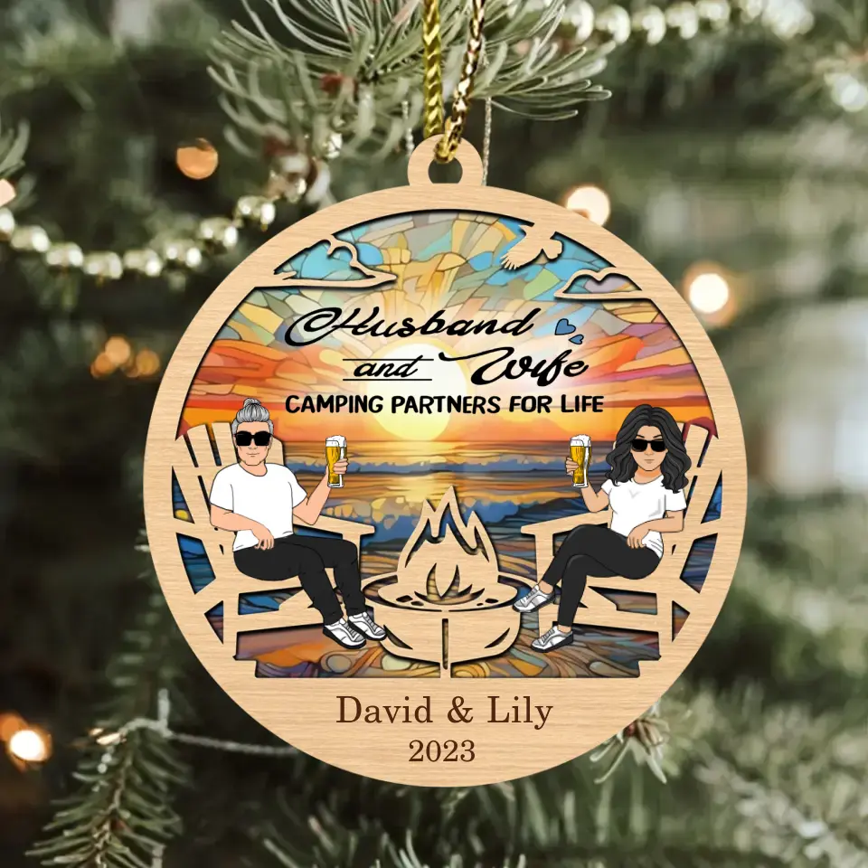 Personalized Camping Campfire Stained Glass Suncatcher Wooden Ornament - Gift For Couple/Camping Lover - Husband And Wife Camping Partners For Life