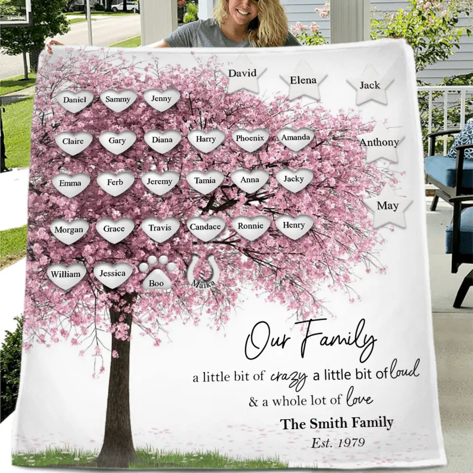 Personalized Family Tree Fleece Throw Blanket/Quilt - Up to 30 People/Pets - Gift Idea for Family - Our Family A Little Bit Of Crazy A Little Bit Loud & A Whole Lot Of Love
