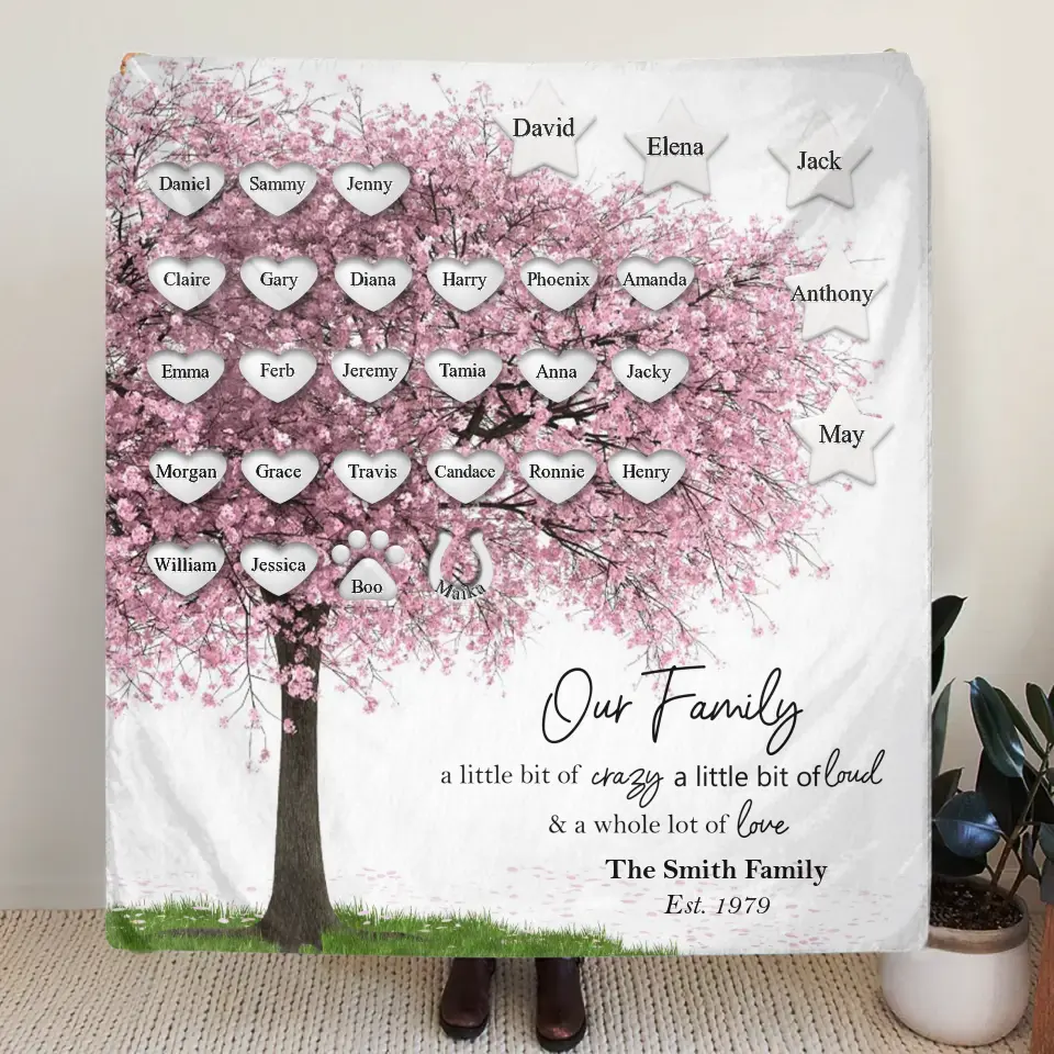 Personalized Family Tree Fleece Throw Blanket/Quilt - Up to 30 People/Pets - Gift Idea for Family - Our Family A Little Bit Of Crazy A Little Bit Loud & A Whole Lot Of Love