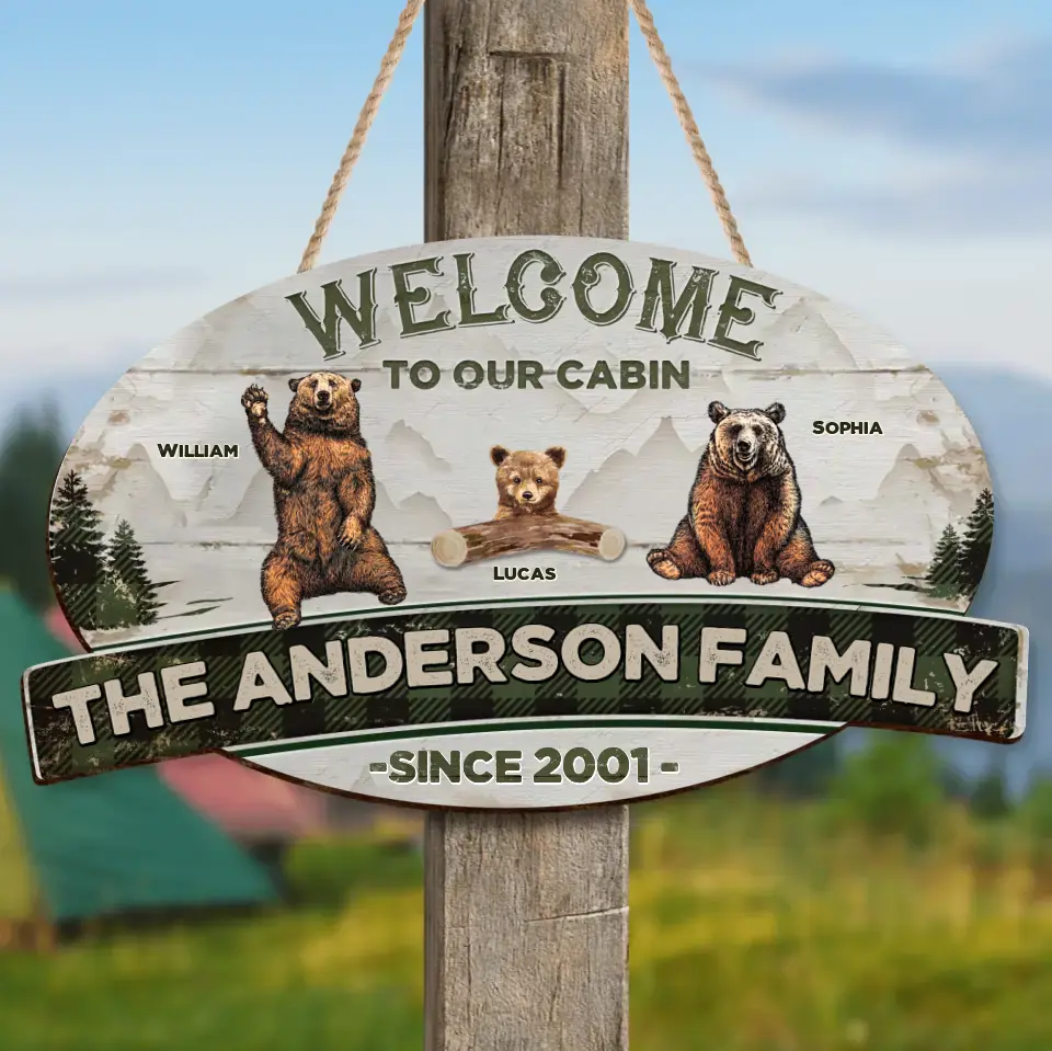 Personalized Cabin Wooden Sign - Gift Idea For Couple/Family/Camping Lovers - Couple/Adult With Up to 7 Kids - Welcome To Our Cabin
