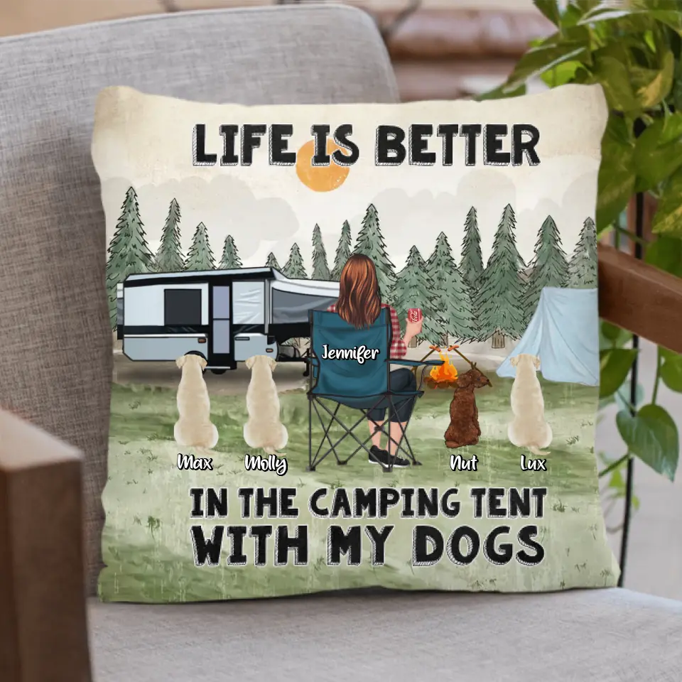 Personalized Camping Quilt/Fleece Throw Blanket/Pillow Cover - Gift Idea For Girl & Dogs - Up to 4 Dogs - Life Is Better In The Camping Tent With My Dogs