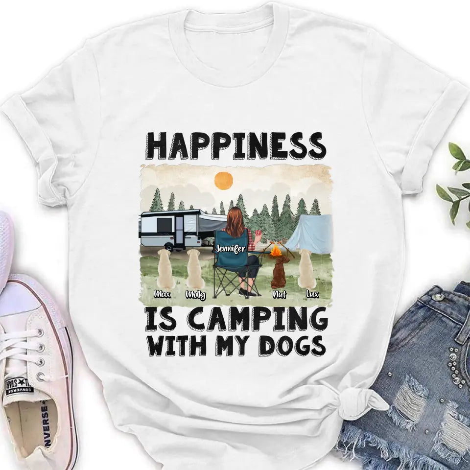 Personalized Camping Shirt/Hoodie - Gift Idea For Girl & Dogs - Up to 4 Dogs - Happiness Is Camping With My Dogs