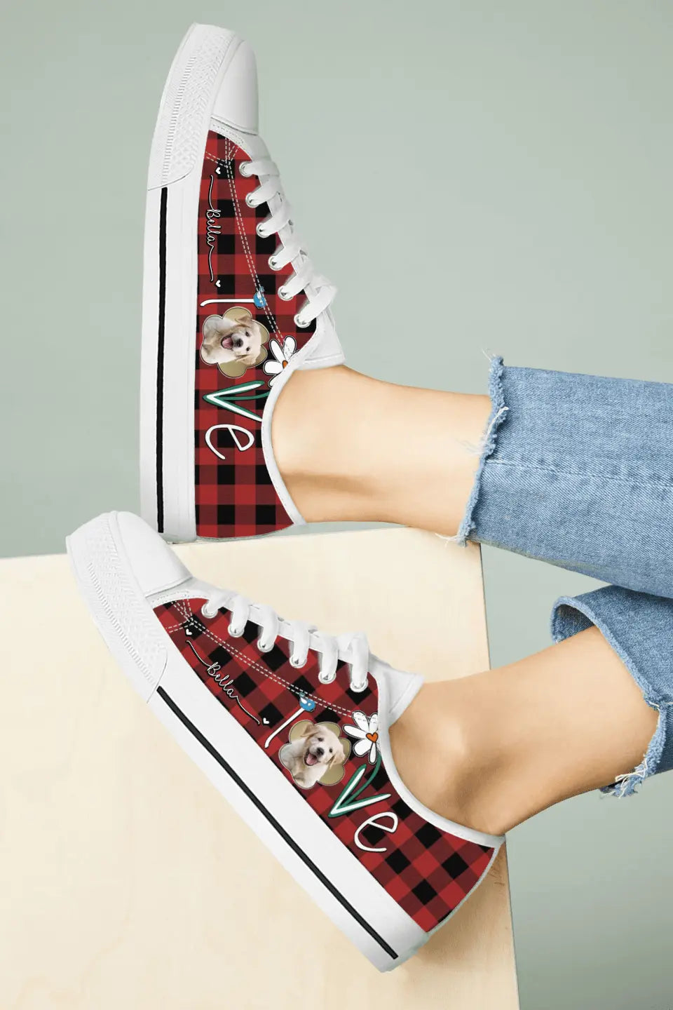 Personalized Dog Photo Caro Pattern Sneakers - Gift Idea For Dog Lovers - Birthday/Christmas Day Gift