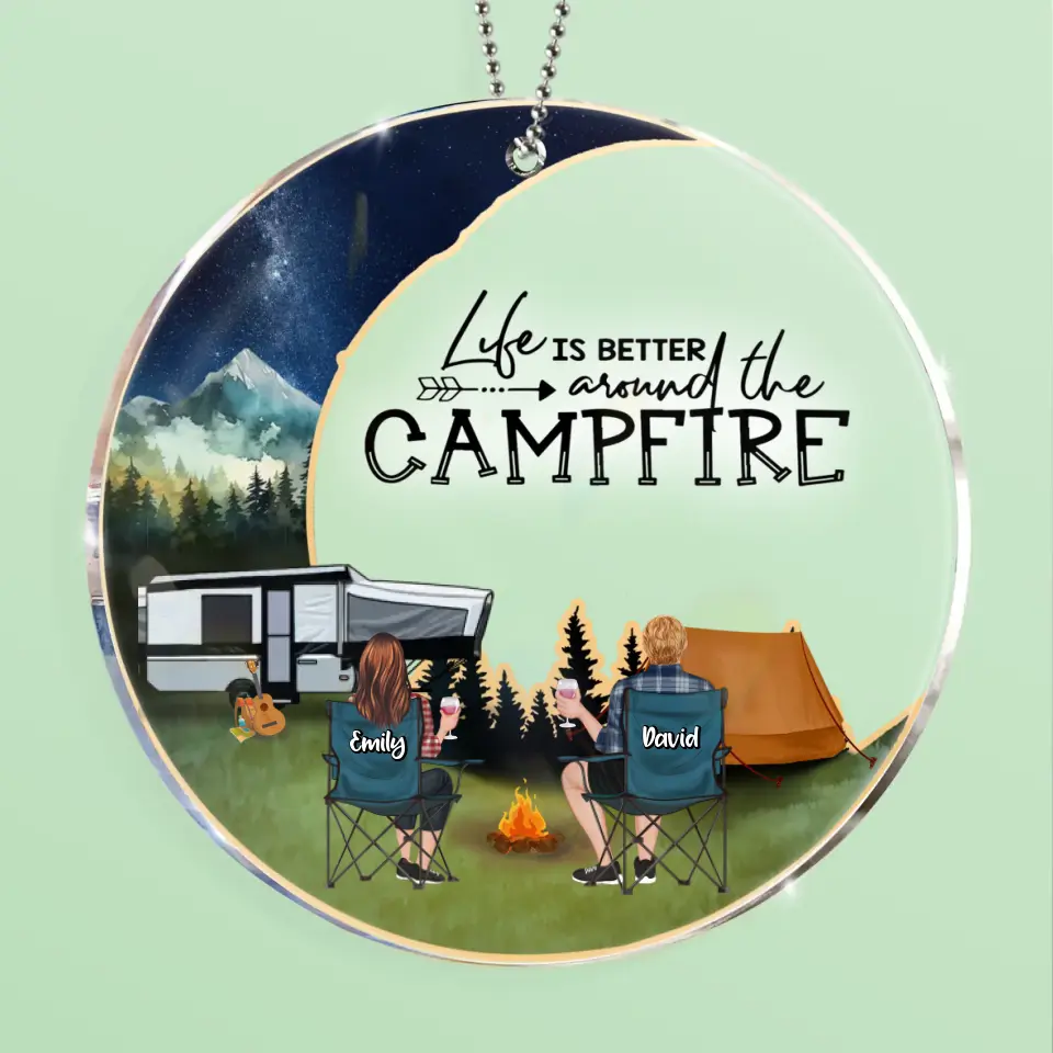 Personalized Moon Camping Circle Acrylic Ornament - Couple/Parents With Up to 2 Kids And 3 Pets - Christmas Gift Idea For Camping Lover/Family - Life Is Better Around The Campfire
