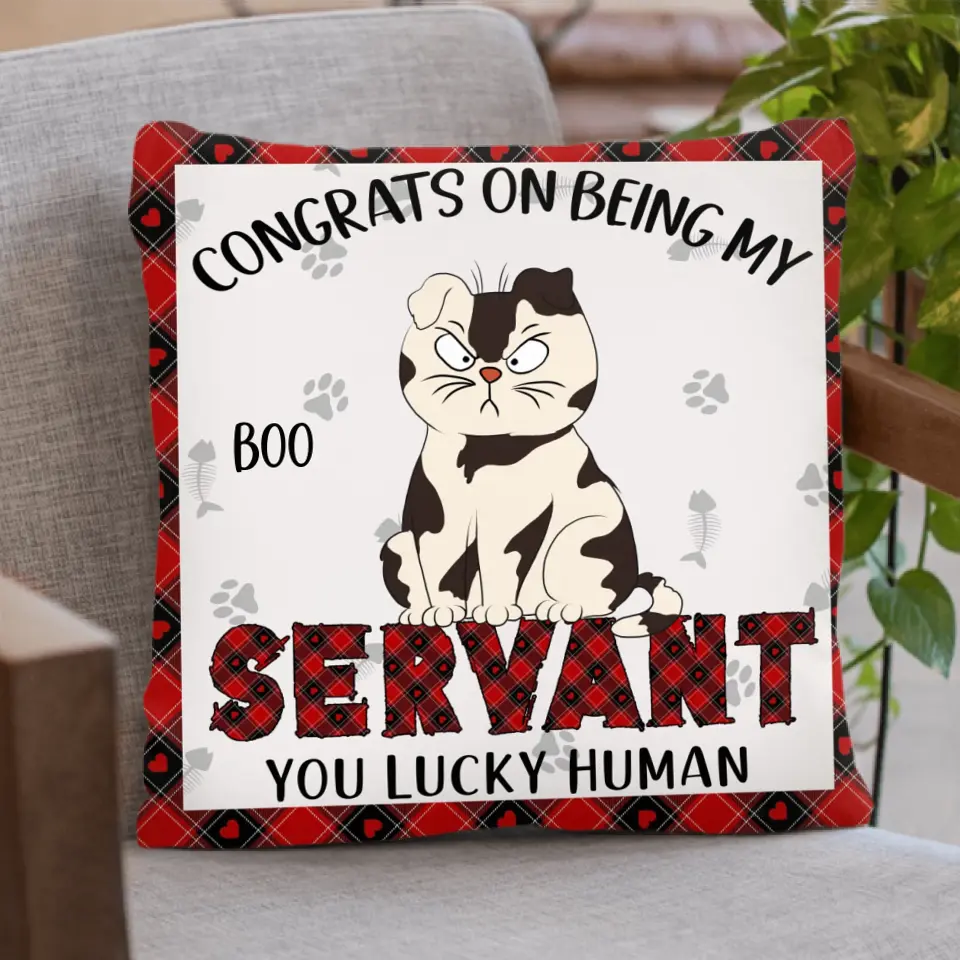 Personalized Cat Pillow Cover - Up to 6 Cats - Christmas Gift Idea for Cat Lovers - Congrats On Being My Servant